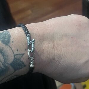 John Varvatos Black Braided Leather Bracelet with Silver Hook